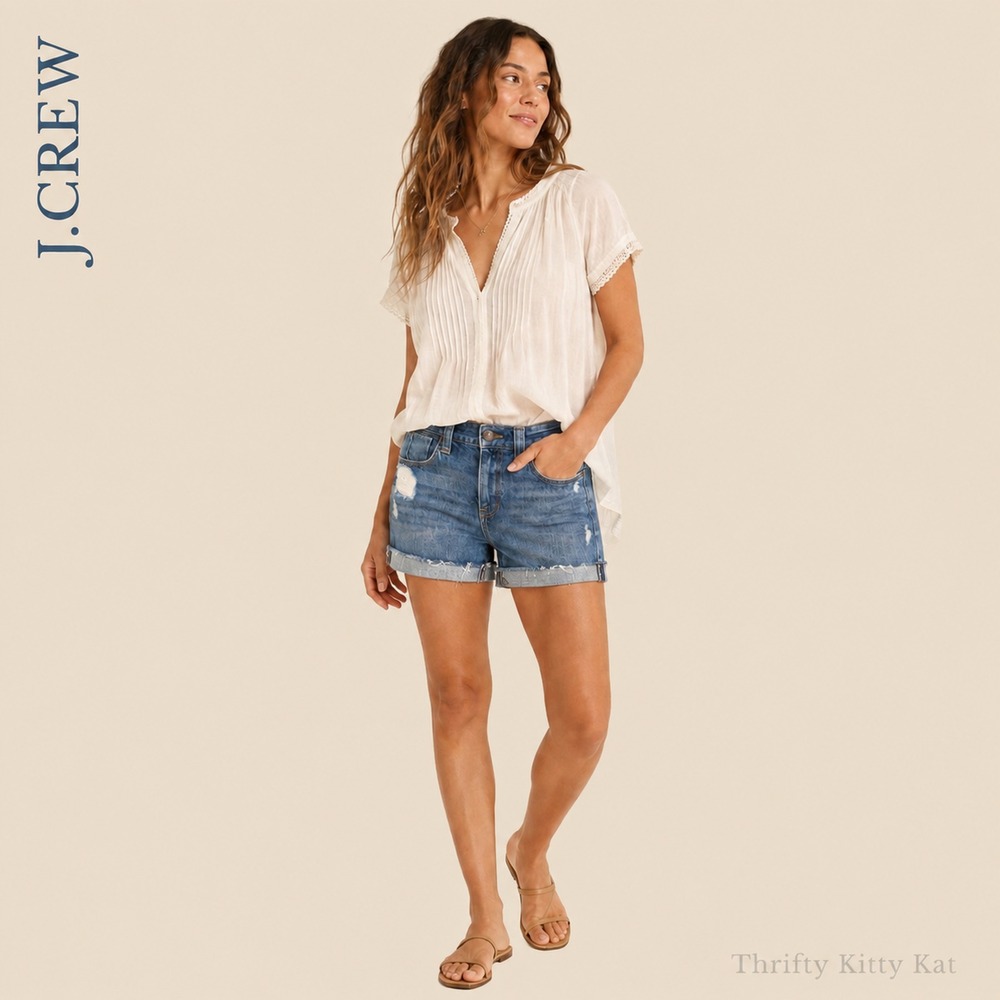 J.Crew Weekend Distressed Cuffed Cotton Denim Shorts Medium Wash Blue Y2K 2
